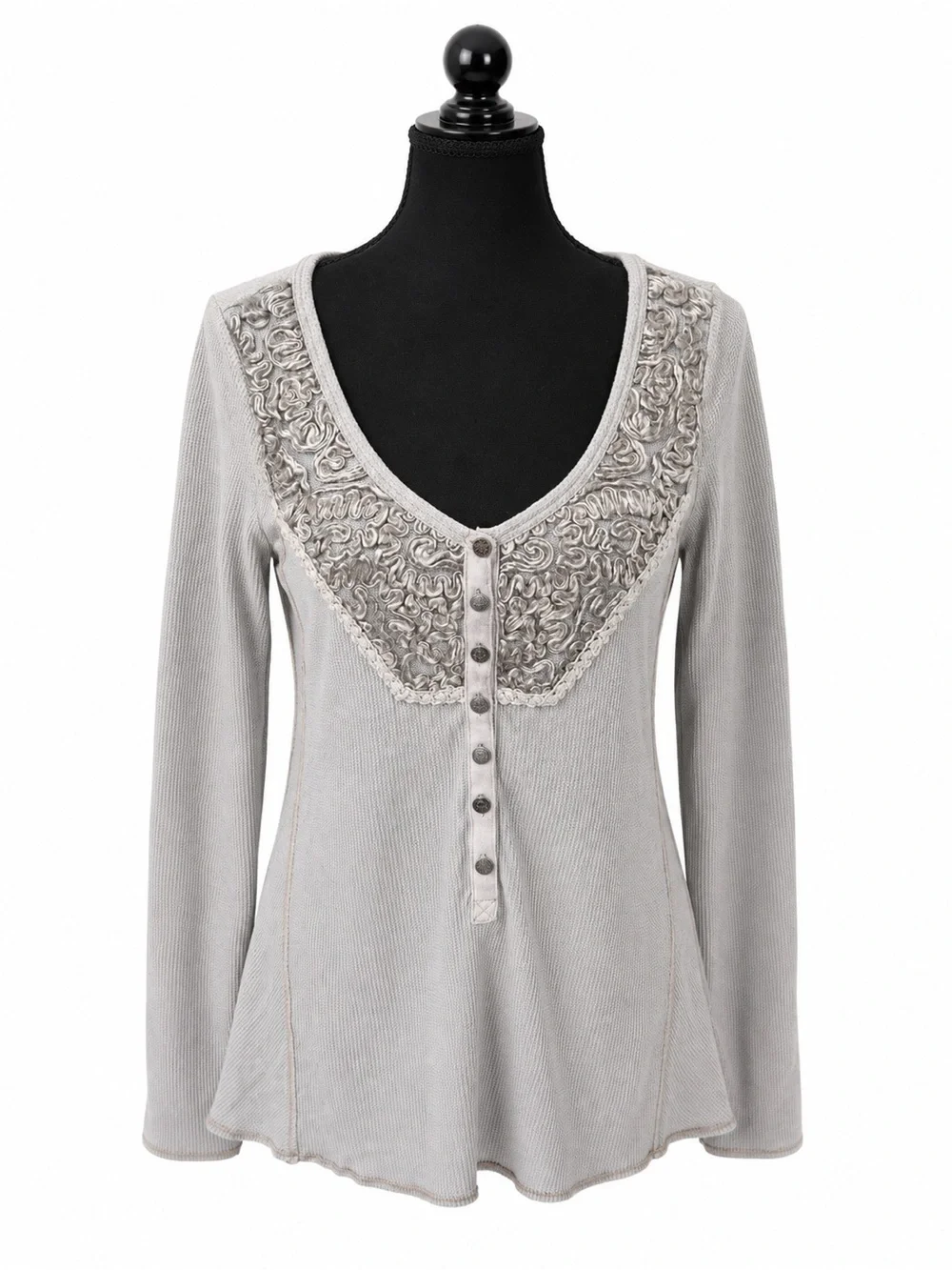 Free People Waffle Knit Embellished Henley Top Gray Boho Thermal Long Sleeve M